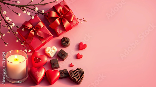 valentines backgroundvalentine's day greeting card with red gifts, hearts chocolate sweets and candles on pink background photo