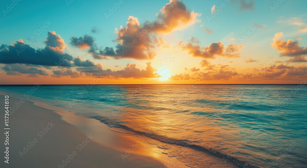 Sunset landscape of sandy beach with blue ocean and vibrant sky Sunset landscape of sandy beach with blue ocean and vibrant sky