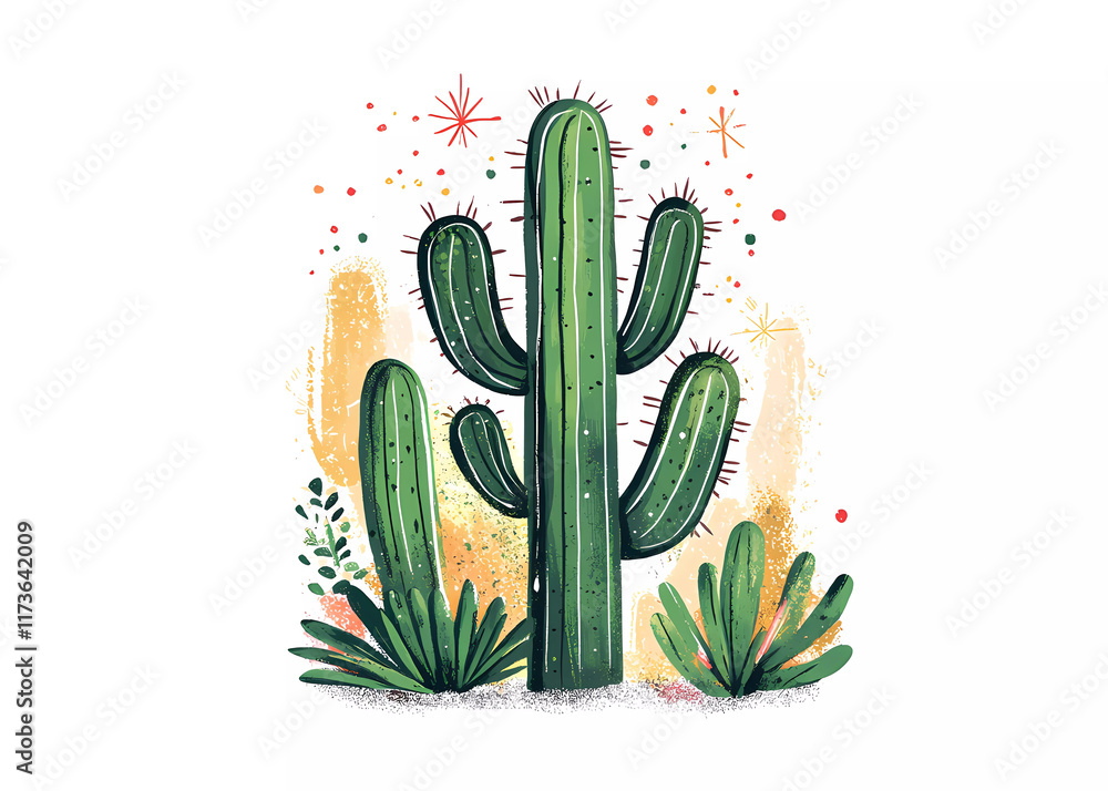 Cactus Illustration with Colorful Desert Plants and Abstract Background Cactus Illustration with Colorful Desert Plants and Abstract Background