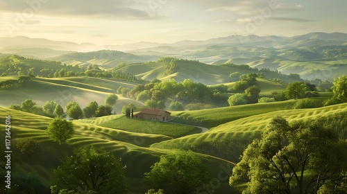 A peaceful countryside with rolling hills and a farmhouse, with a mockup at the center of the wall. full ultra hd, high resolution photo