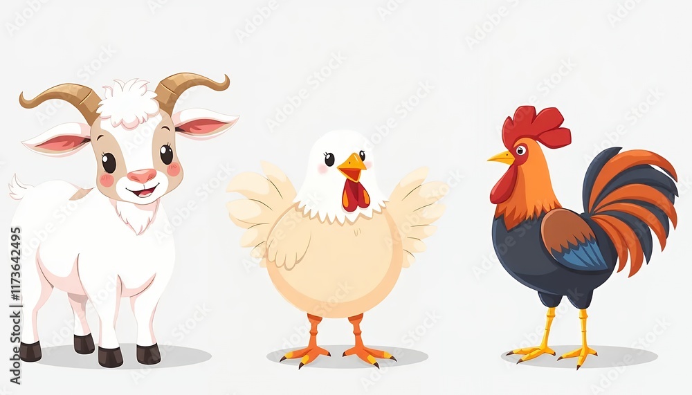 Fototapeta premium Adorable Farm Animals: Goat, Hen, and Rooster Illustration