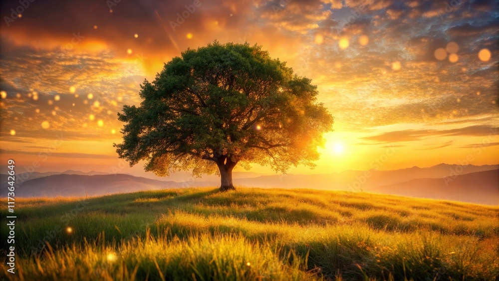 Obraz premium Sunrise paints a lone tree silhouetted against a softly-focused, breathtaking hillside vista.