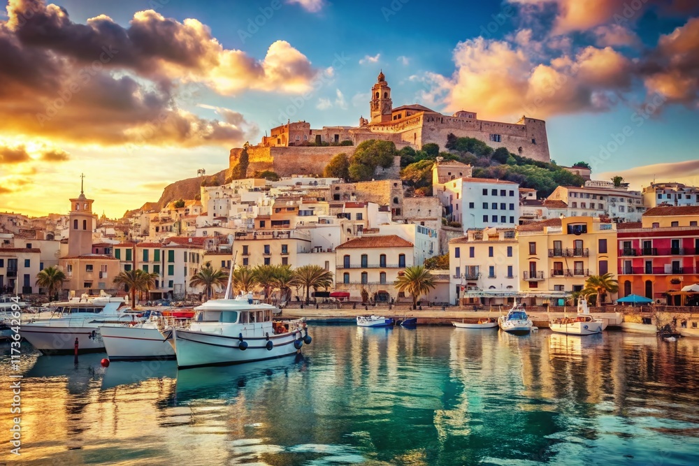 Fototapeta premium Vintage Ibiza Port: Sun-Drenched Mediterranean Views
