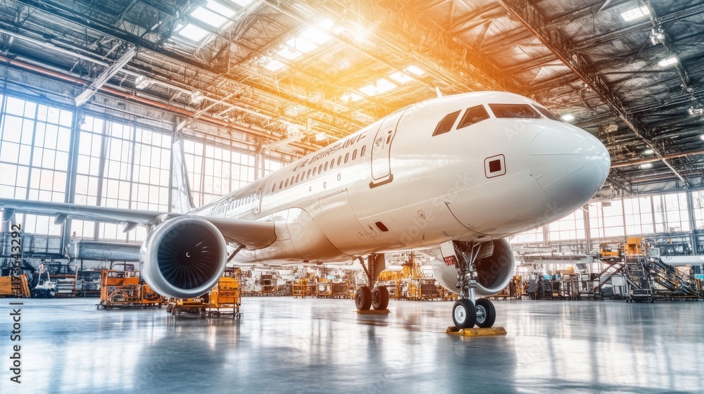 Aircraft Maintenance in Bright Hangar with Technicians Aircraft Maintenance in Bright Hangar with Technicians