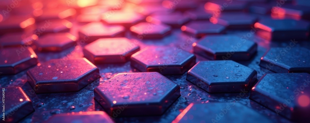 Obraz premium Abstract metallic hexagonal grid, gleaming light reflections, surface, network