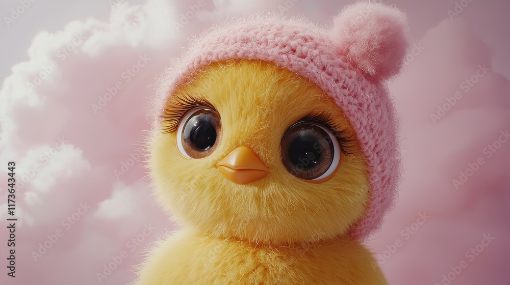 Obraz premium Cute Yellow Chick with Big Eyes and Pink Bonnet Against Soft Background