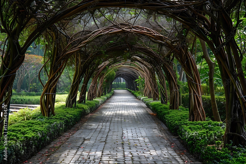 Obraz premium Pedestrian walkway with arches made from intertwined branches, creating a tunnel effect