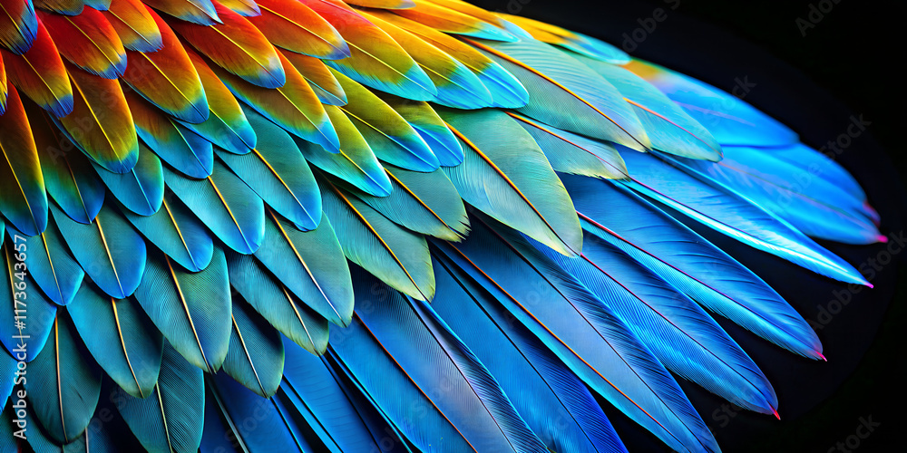 Vibrant parrot wing showcases colorful feathers against a black background in minimalist style Vibrant parrot wing showcases colorful feathers against a black background in minimalist style