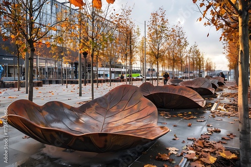 Public seating area with benches designed to look like giant fallen leaves photo