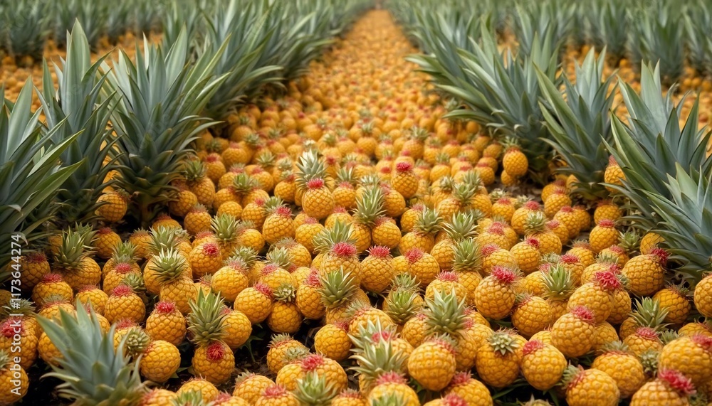 Fototapeta premium A field of pineapple plants with many small, green and yellow-colored fruits on the ground, growing everywhere, all over the land, all around, everywhere
