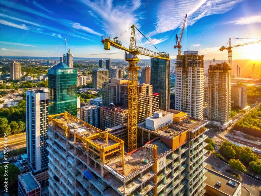 Fototapeta premium Urban renewal soars; aerial view reveals construction cranes, high-rises rising under a brilliant blue sky.