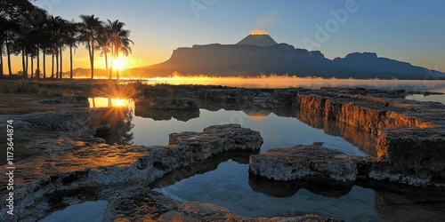 Stunning Sunrise Over Table Mountain with Reflection Pools and Palm Trees on Cape Town Waterfront | Captivating Scenic Beauty in South Africa's Natural Landscapes