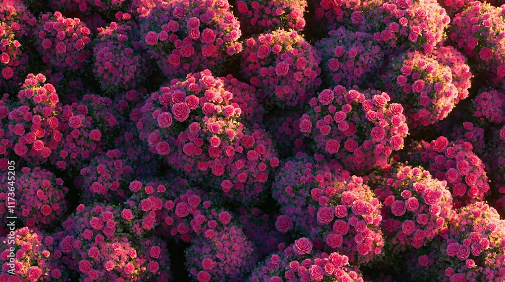 Aerial View of Lush Pink Rose Bushes Blooming in Garden Aerial View of Lush Pink Rose Bushes Blooming in Garden
