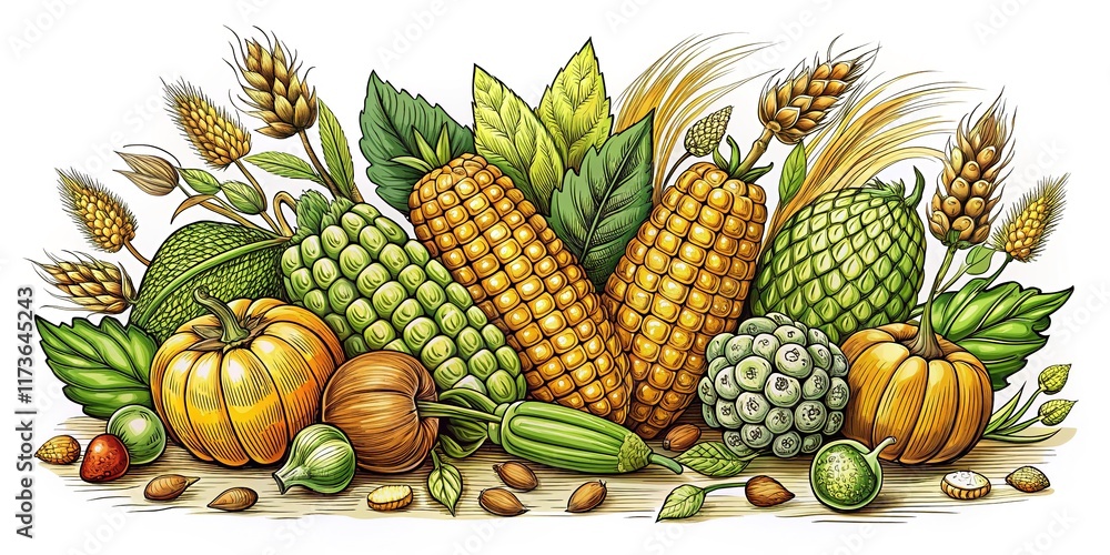 Fototapeta premium Vintage beer ingredients: corn, hops, and lunch.
