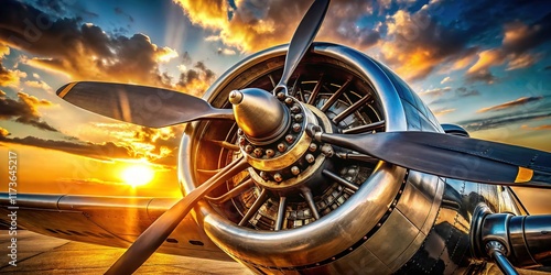Vintage engine, close-up propeller, bathed in warm sunlight, low light.