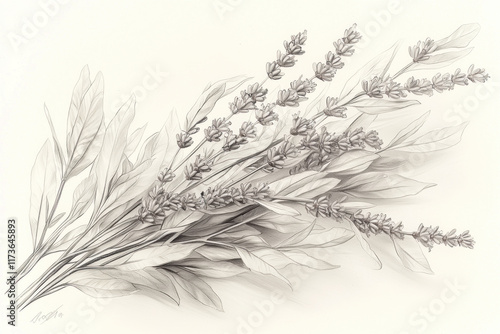Lavender sprigs sketch on white, tranquil background