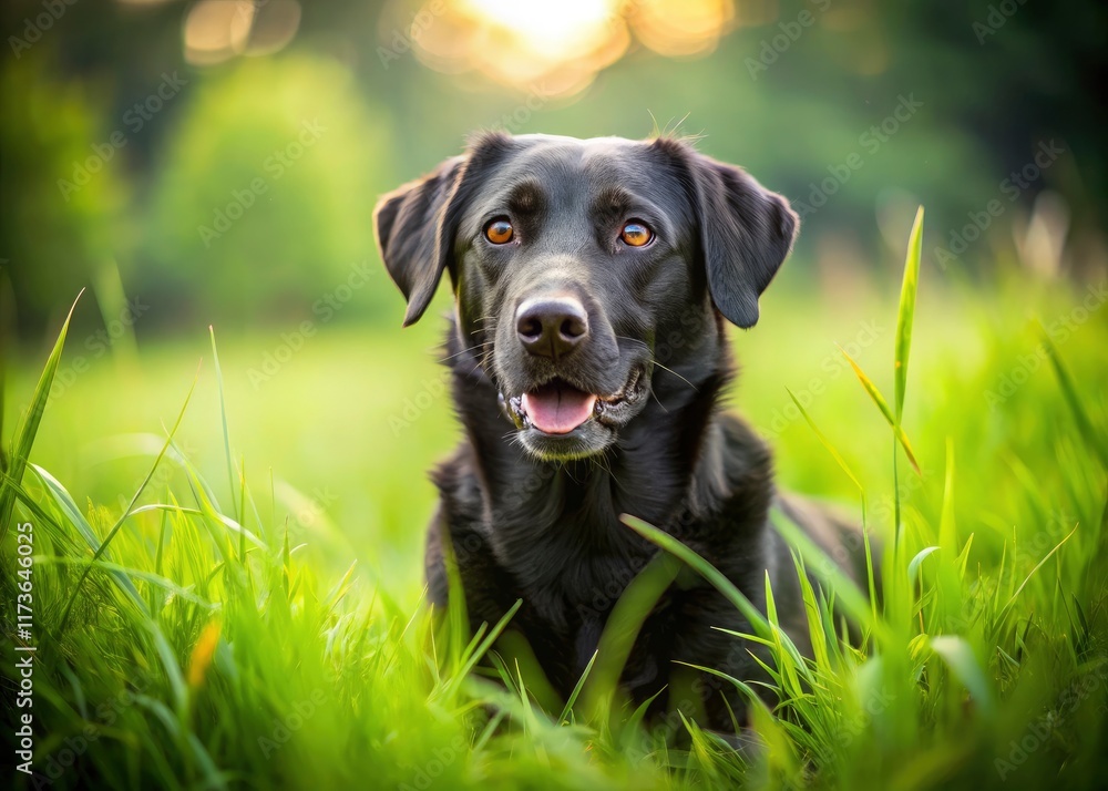 Happy black dog frolics in a lush green summer meadow, a joyful pet portrait. Happy black dog frolics in a lush green summer meadow, a joyful pet portrait.
