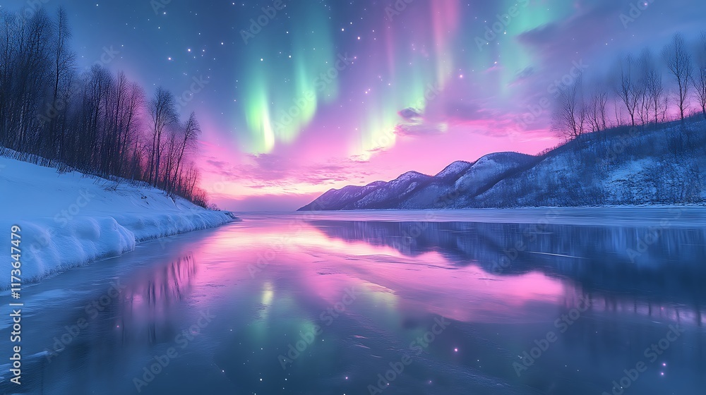 Aurora borealis reflected in a frozen river at sunrise. Aurora borealis reflected in a frozen river at sunrise.