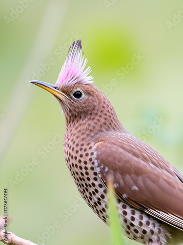 Western Bowerbird - Chlamydera guttata  endemic bird of Australia in Ptilonorhynchidae, brown with spots with a pink erectile crest on the nape, male constructs elaborate bower to attract females. photo