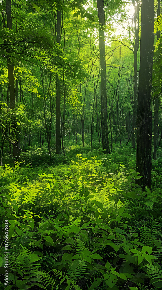 Obraz premium A Vibrant Forest Habitat: Encompassing Diverse Flora Under Sunlit Canopies With Rich Ecosystem