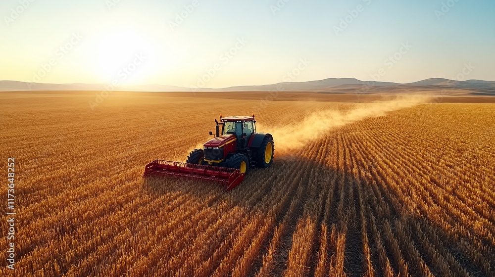 Fototapeta premium Golden Hour Harvest: Tractor in a Vast Wheat Field