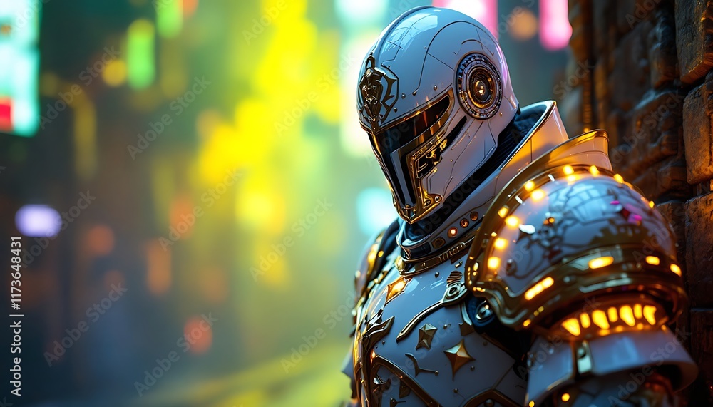 Cyberpunk Knight: A futuristic warrior stands in a neon-lit city, his armor gleaming under the vibrant lights. The scene evokes a sense of mystery and technological advancement. Cyberpunk Knight: A futuristic warrior stands in a neon-lit city, his armor gleaming under the vibrant lights. The scene evokes a sense of mystery and technological advancement.
