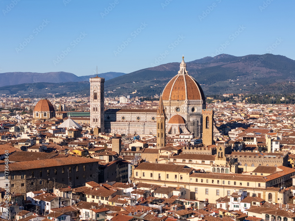 Obraz premium Aerial drone photo of the dome and cathedral of Florence in Tuscany, Italy.
