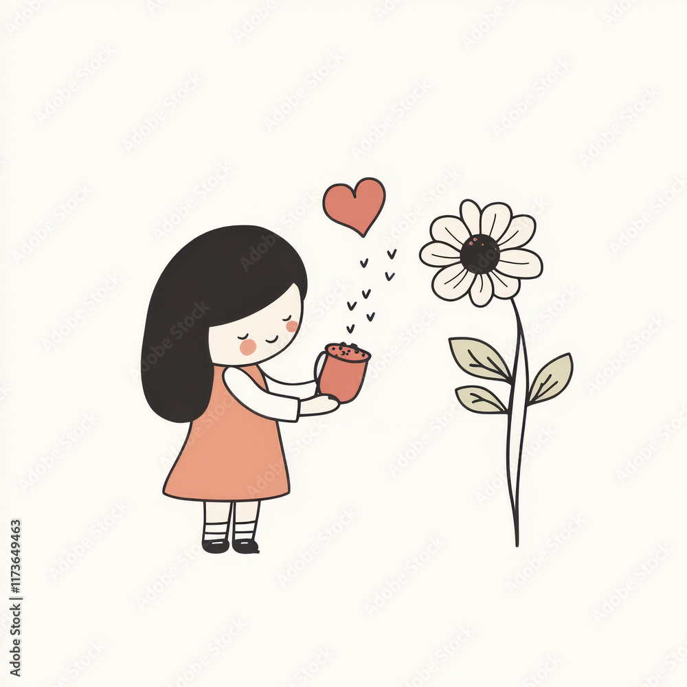 Young girl watering a flower with love in a cheerful garden setting