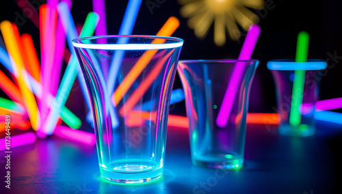 Light up LED glow glasses with glow sticks in background for party decor and props photo