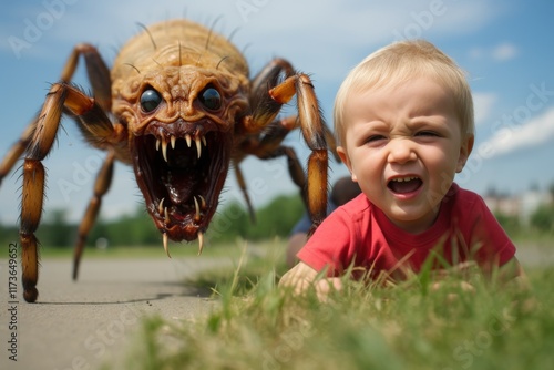 Insect Phobia. little child lying on grass, scary monster insect behind photo