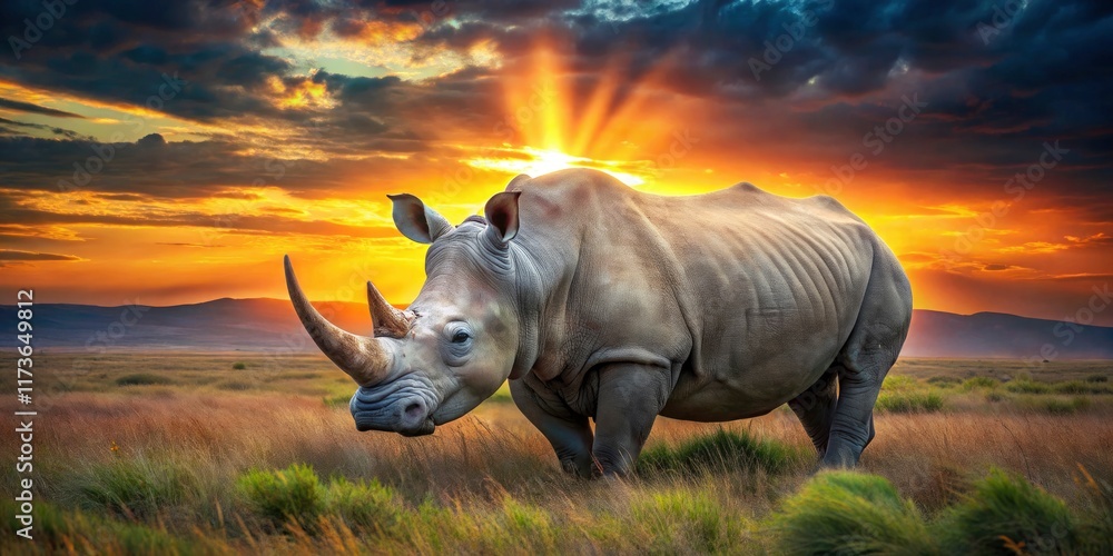 Fototapeta premium Mystical wildlife photography reveals a rhino horn's ethereal glow, a breathtaking spectacle of nature's wonder.