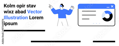 Businessman presenting data with a speech bubble, blue and black bar graphs, and analytics chart interface. Ideal for business, data analysis, product presentation, corporate training, marketing