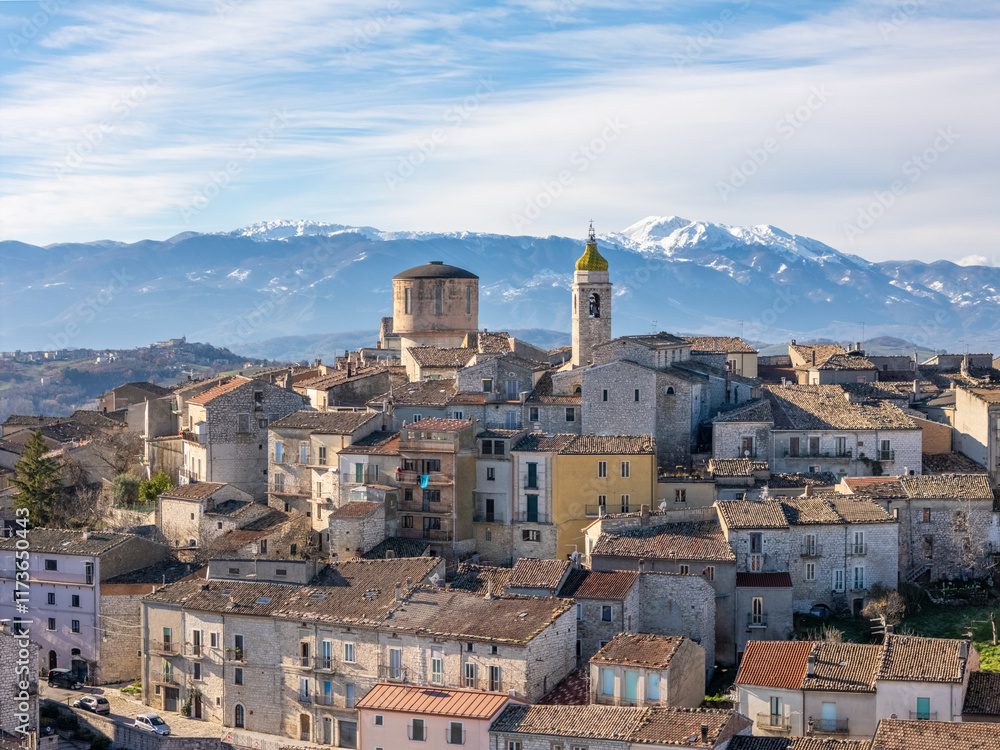 Obraz premium Aerial drone view of the mountain town named Oratino near Campobasso, Italy.