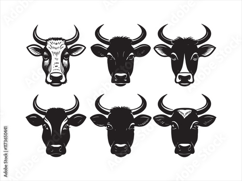 Cows with cow horns vector. Cow face cow head. black and white. Bull and buffalo head. cow animal mascot logo design vector Black and white. cow illustration Set