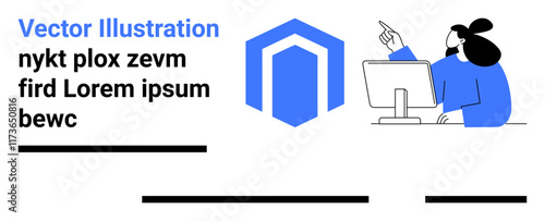 Figure interacting with computer monitor, pointing. Blue hexagonal icon. Ideal for web design, online learning, technology courses, app development, business presentations, digital marketing