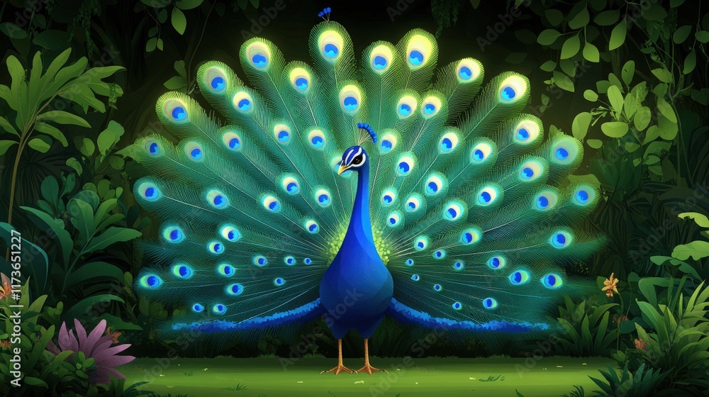 Obraz premium Stunning Peacock Display in Lush Jungle Setting with Vibrant Plumage and Intricate Feather Patterns Captures the Beauty of Nature's Exotic Birds in a Mystical Forest