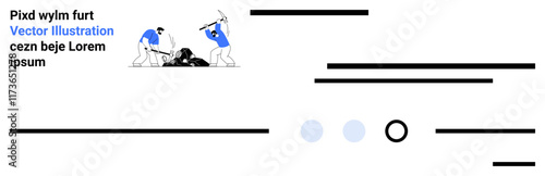 Workers hammer tires, outlined text, linear blocks, gradient dots, single-point circle. Ideal for construction, teamwork, manual labor, DIY projects, instructional material, brochures. Landing page