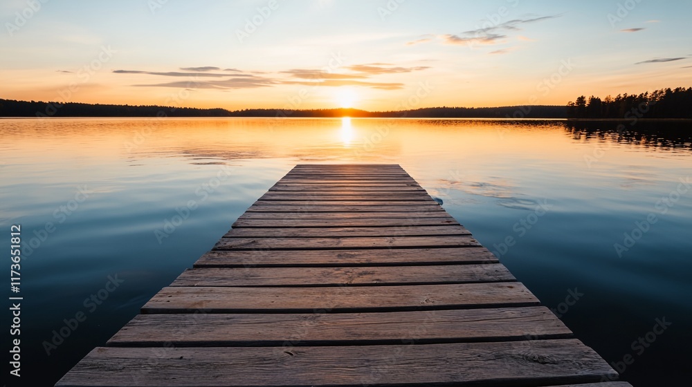 Fototapeta premium a dock extending into a lake at sunset