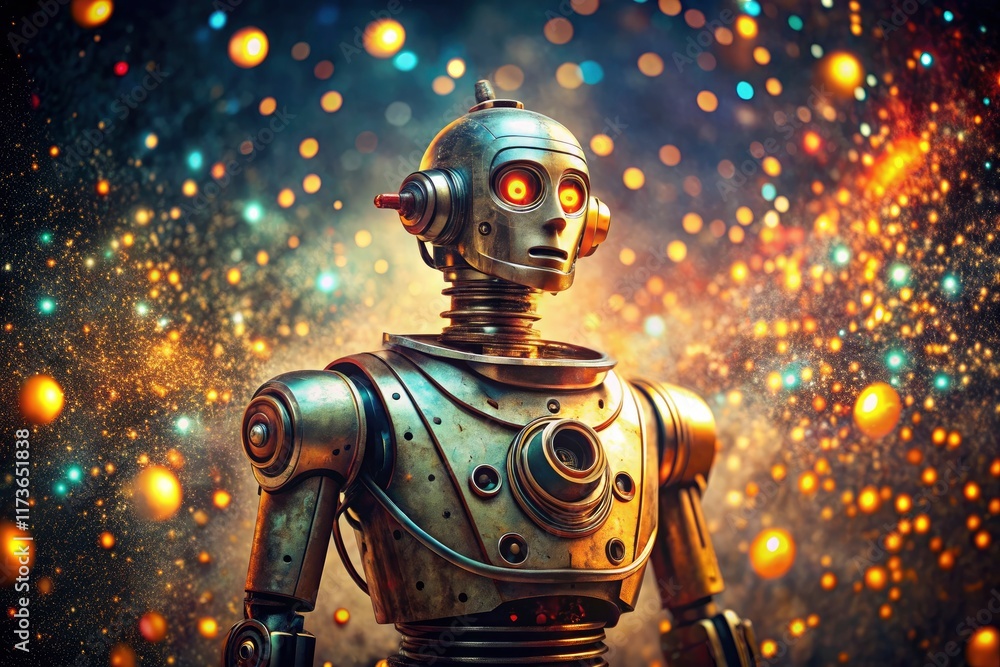 Fototapeta premium Retro robot, bathed in futuristic glow, particles dance in a vintage sci-fi dreamscape.