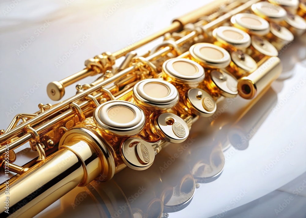 Naklejka premium Vintage Style Photo: Gold Flute on White Background - Symphony Orchestra Instrument