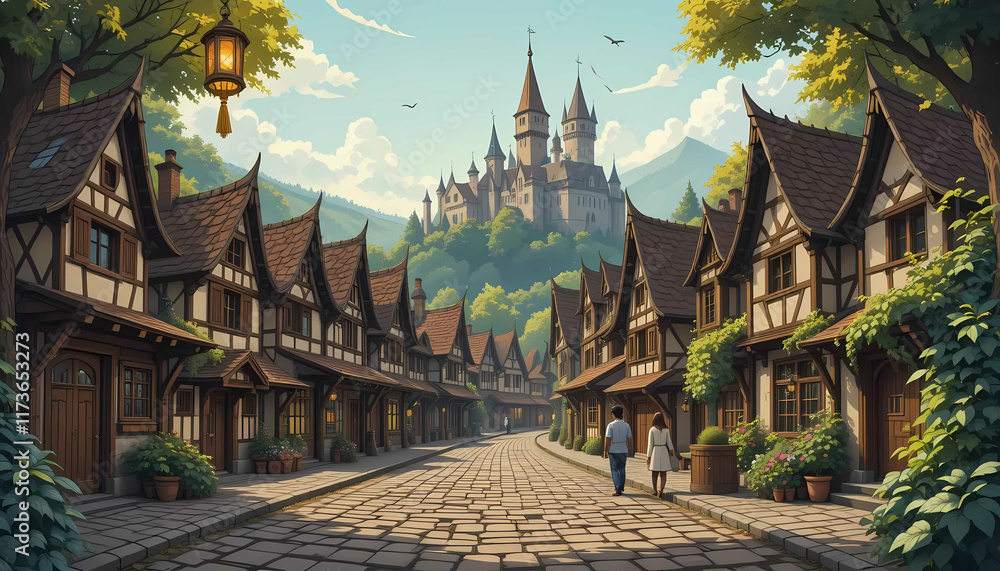 Step Back in Time with a Medieval Village Cartoon Background Step Back in Time with a Medieval Village Cartoon Background