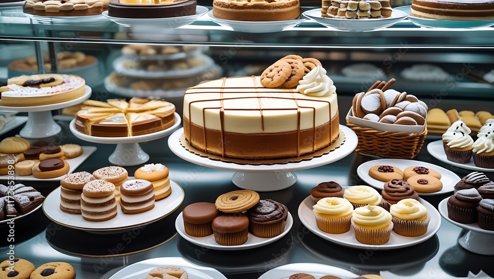 Naklejka premium Glass display case filled with an enticing variety of pastries, featuring colorful cakes, tarts, and sweet treats