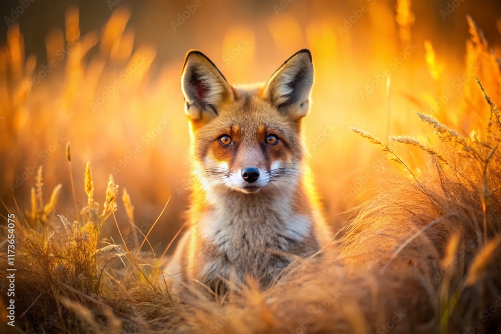Fototapeta premium Vintage Sunset Portrait: Red Fox in Dry Grass Field