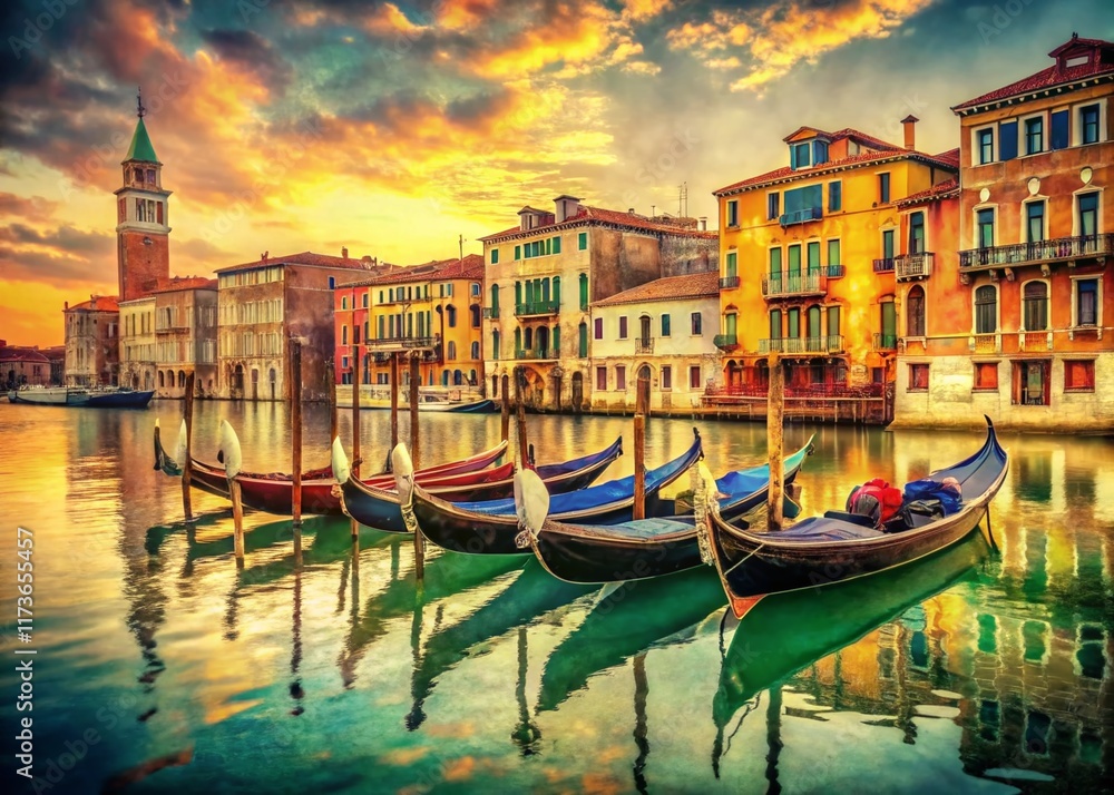 Fototapeta premium Vintage Venezia: Riva degli Schiavoni, Gondolas & Canals, Italy