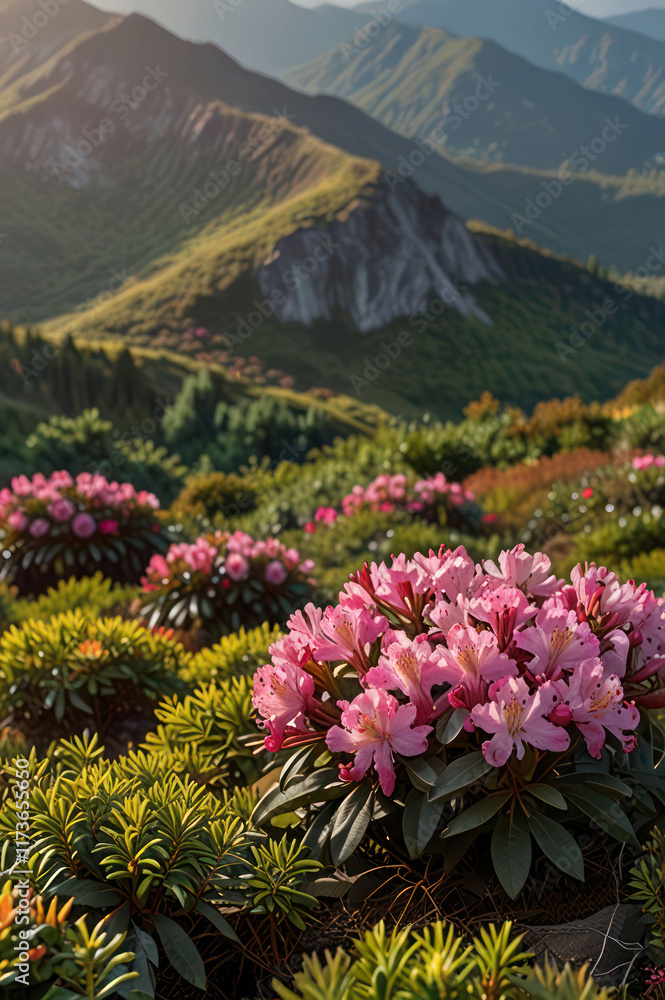 Obraz premium Magic pink rhododendron flowers on summer mountain