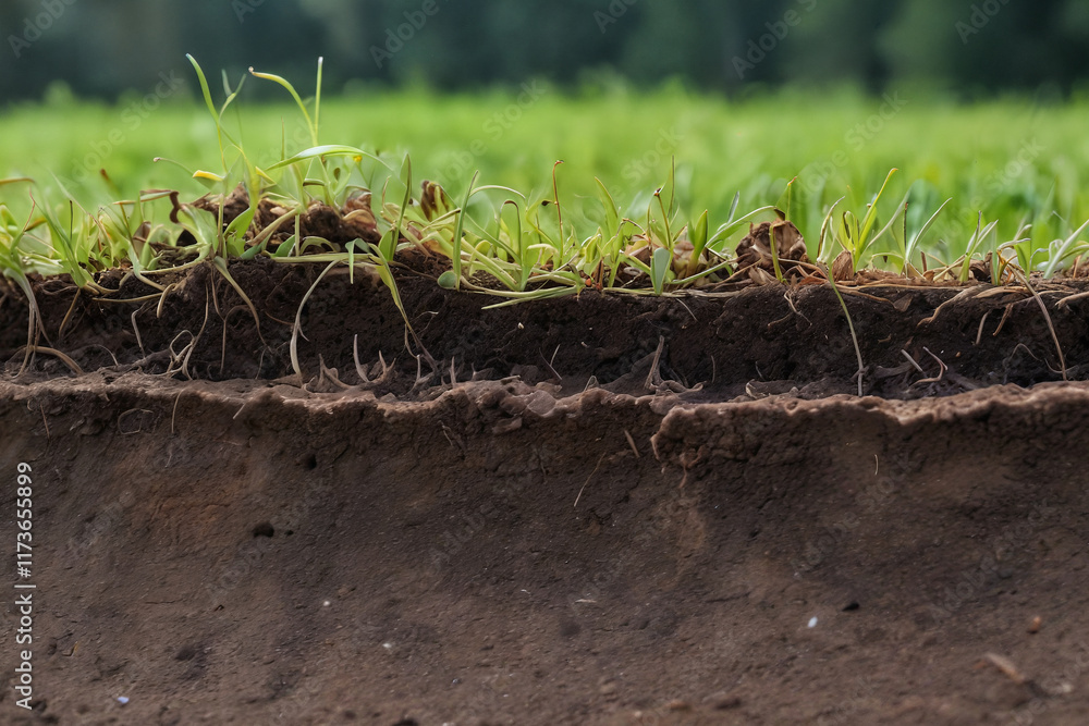 Fototapeta premium Soil profile showing grass roots and layers in a rural field during daylight hours