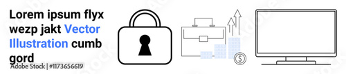 Security lock, briefcase with growth chart, upward arrows, dollar sign, and computer monitor. Ideal for online security, business growth, financial success, data analysis technology cyber safety
