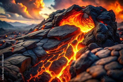 Volcanic Rock Eruption: Fiery Lava Flowing from Stone