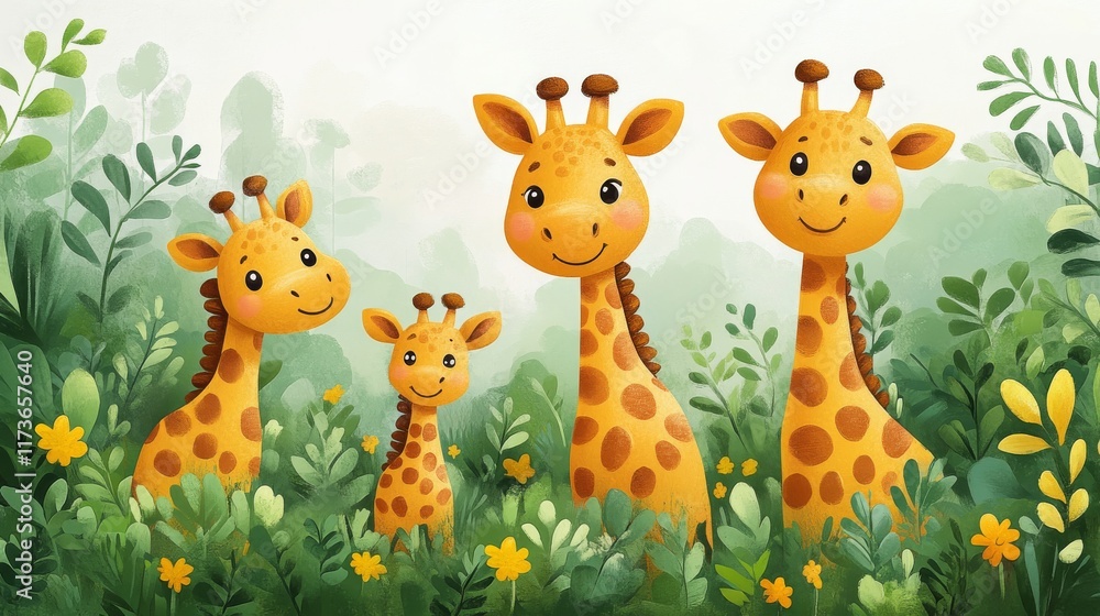 Naklejka premium cute family of giraffes stands on a green meadow on a white background