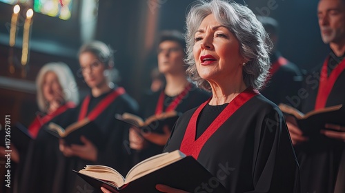 Senior Woman Singing in Church Choir with Fellow Singers Holding Hymn Books photo